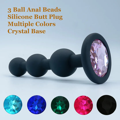 3 Ball Silicone Anal Beads. Butt Plug. Crystal Base.